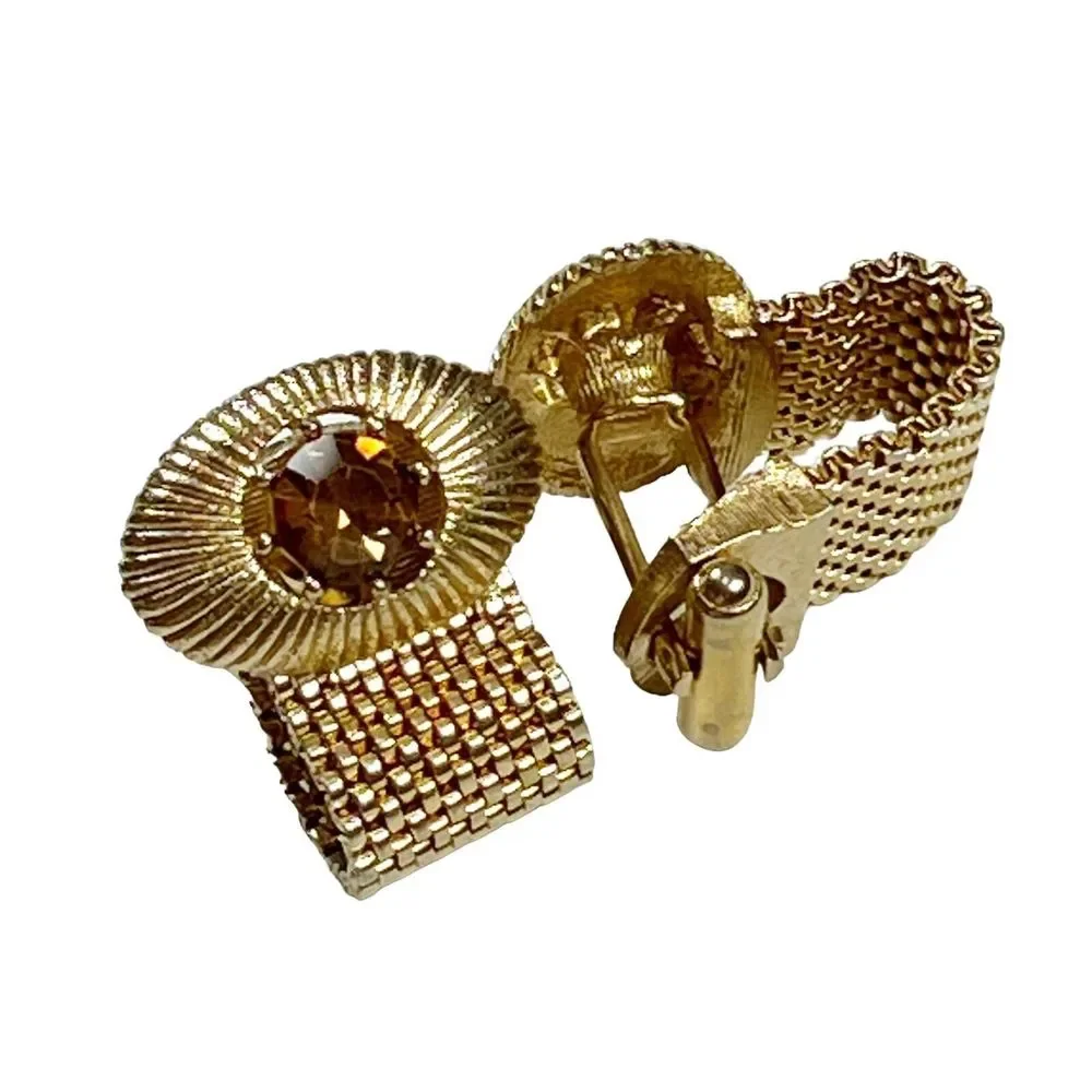 Vintage Orange Rhinestone Wraparound Mesh Cuff Links Gold Tone